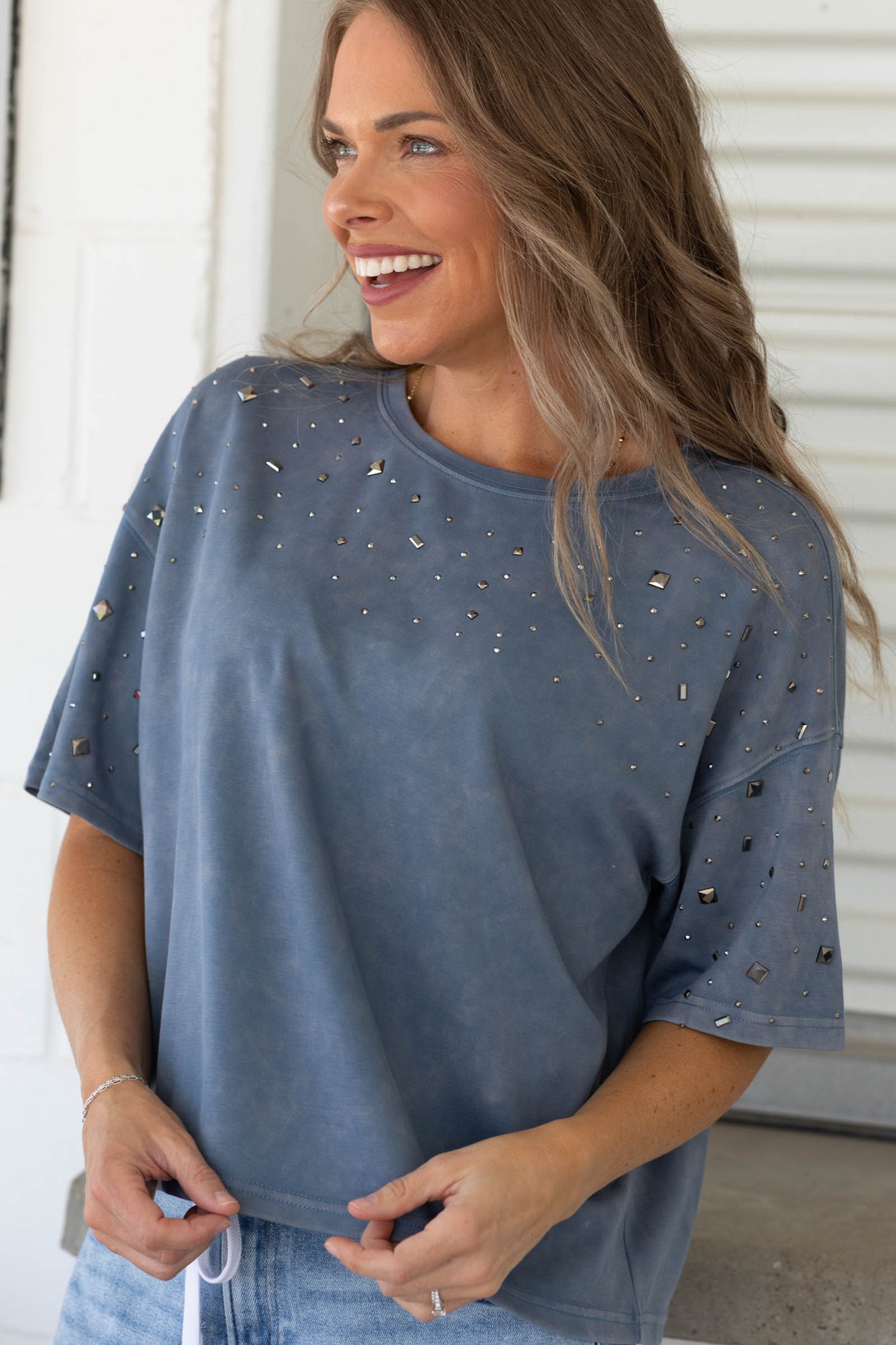 Dusty Blue Studded Knit Short Sleeve Top