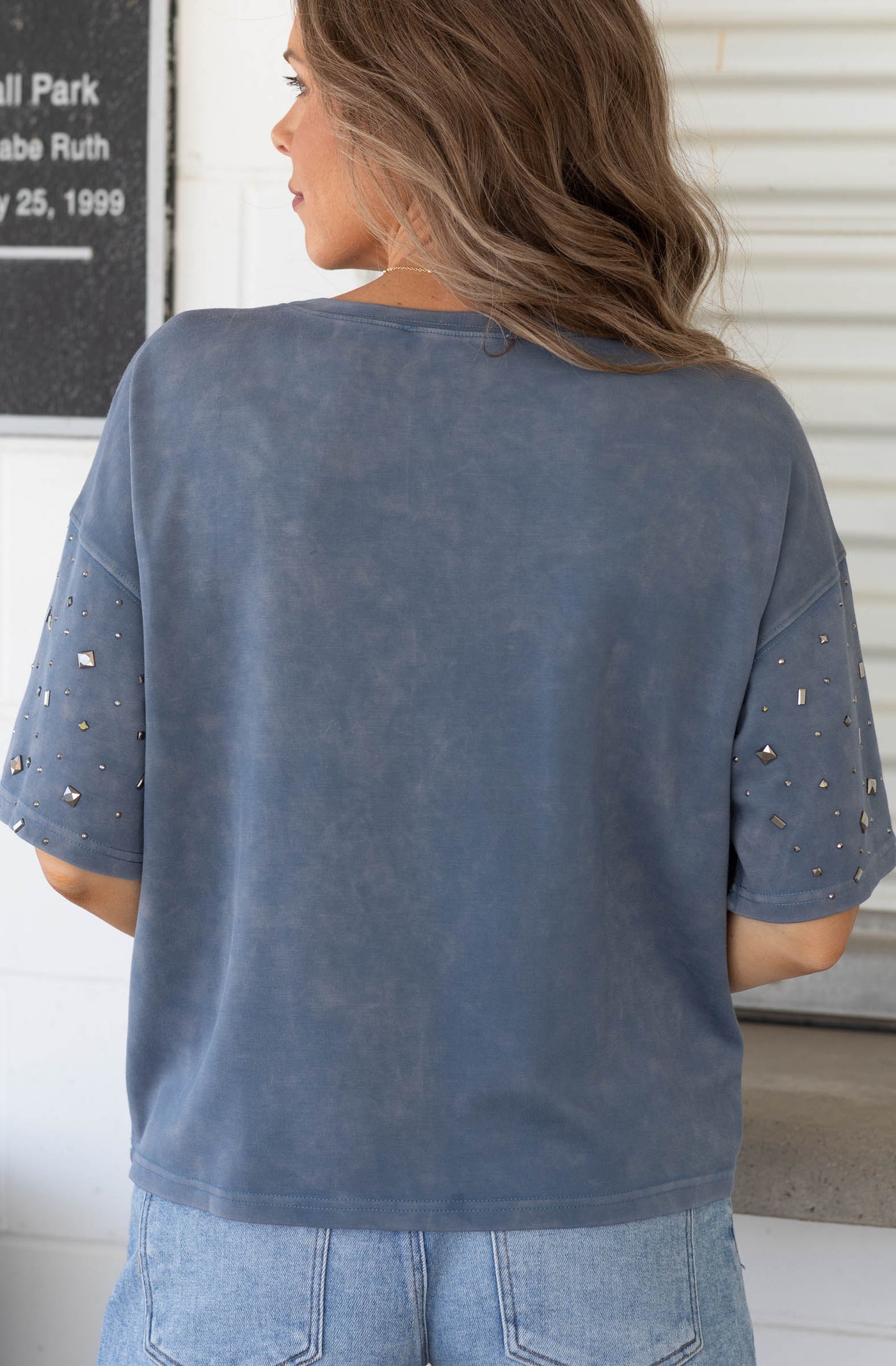 Dusty Blue Studded Knit Short Sleeve Top