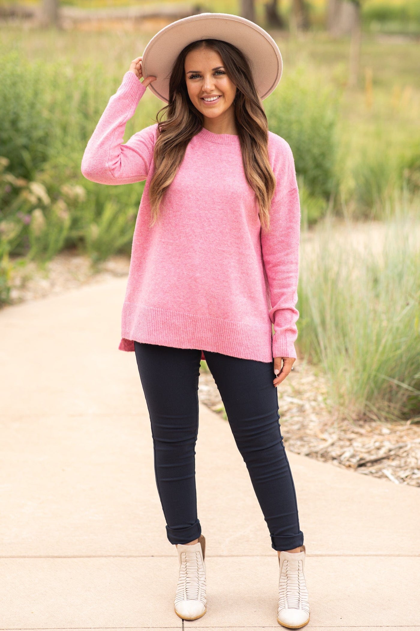 Pink Basic Crew Neck Sweater - Filly Flair