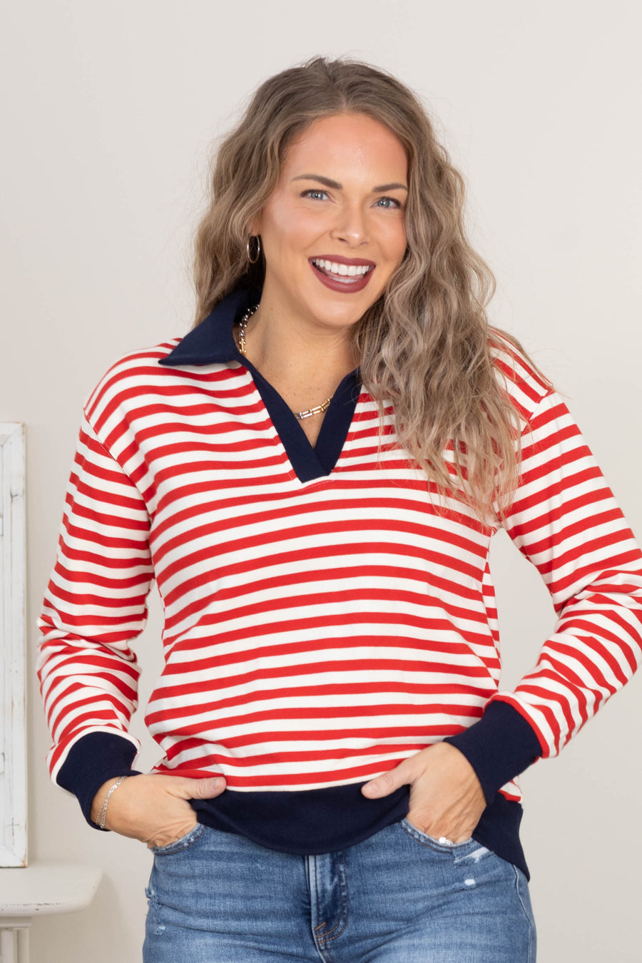 V-Neck Contrast Polo Collar Striped Sweatshirts
