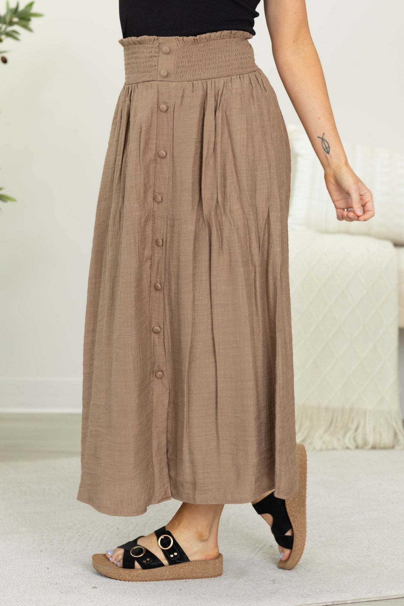 Mocha Smocked Waist Faux Button Midi Skirt