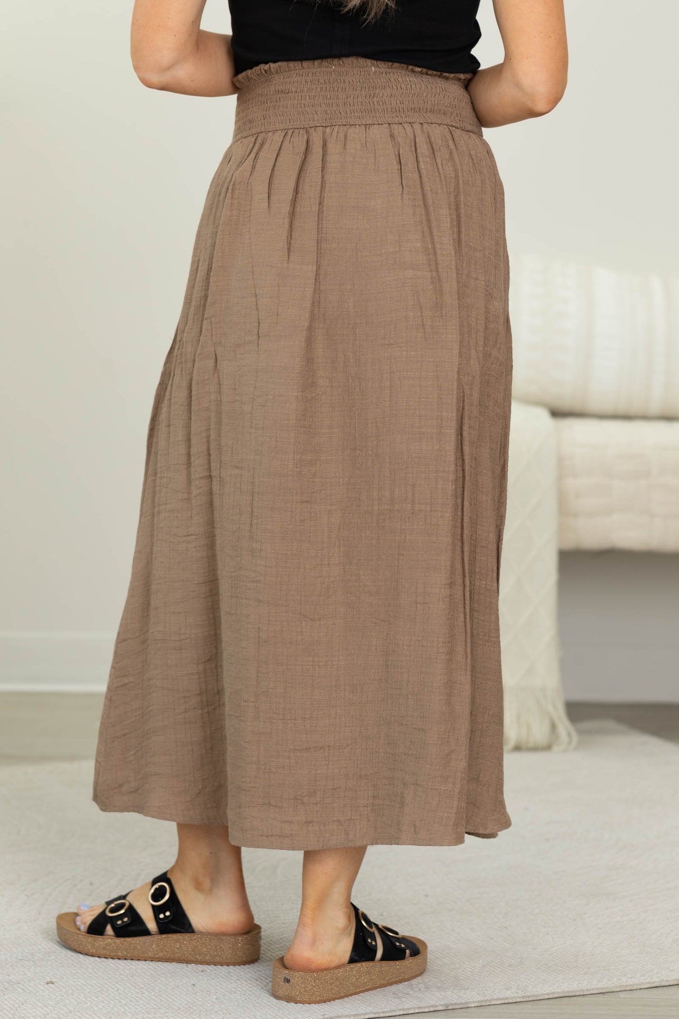 Mocha Smocked Waist Faux Button Midi Skirt