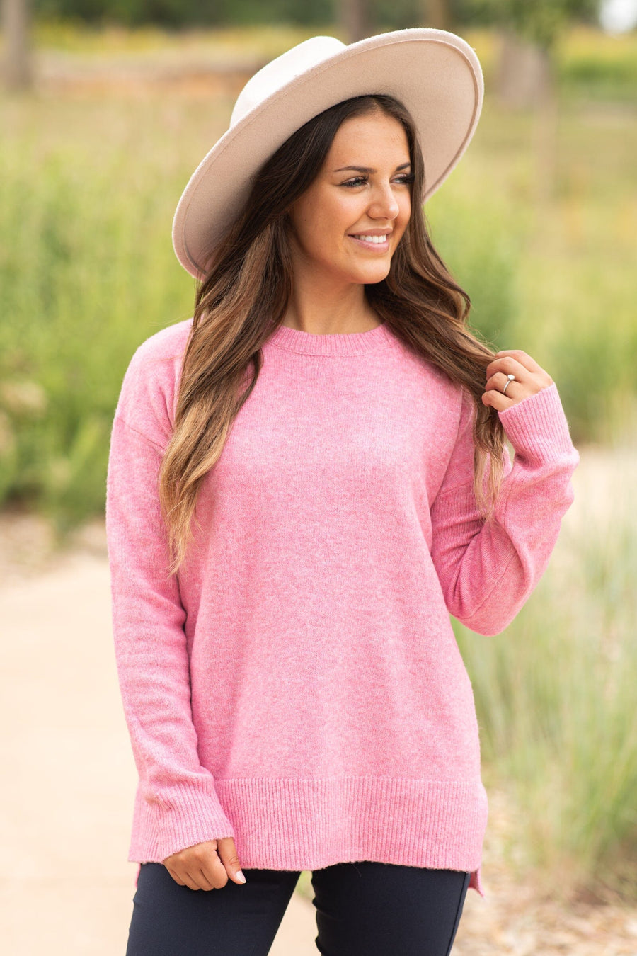 Pink Basic Crew Neck Sweater - Filly Flair