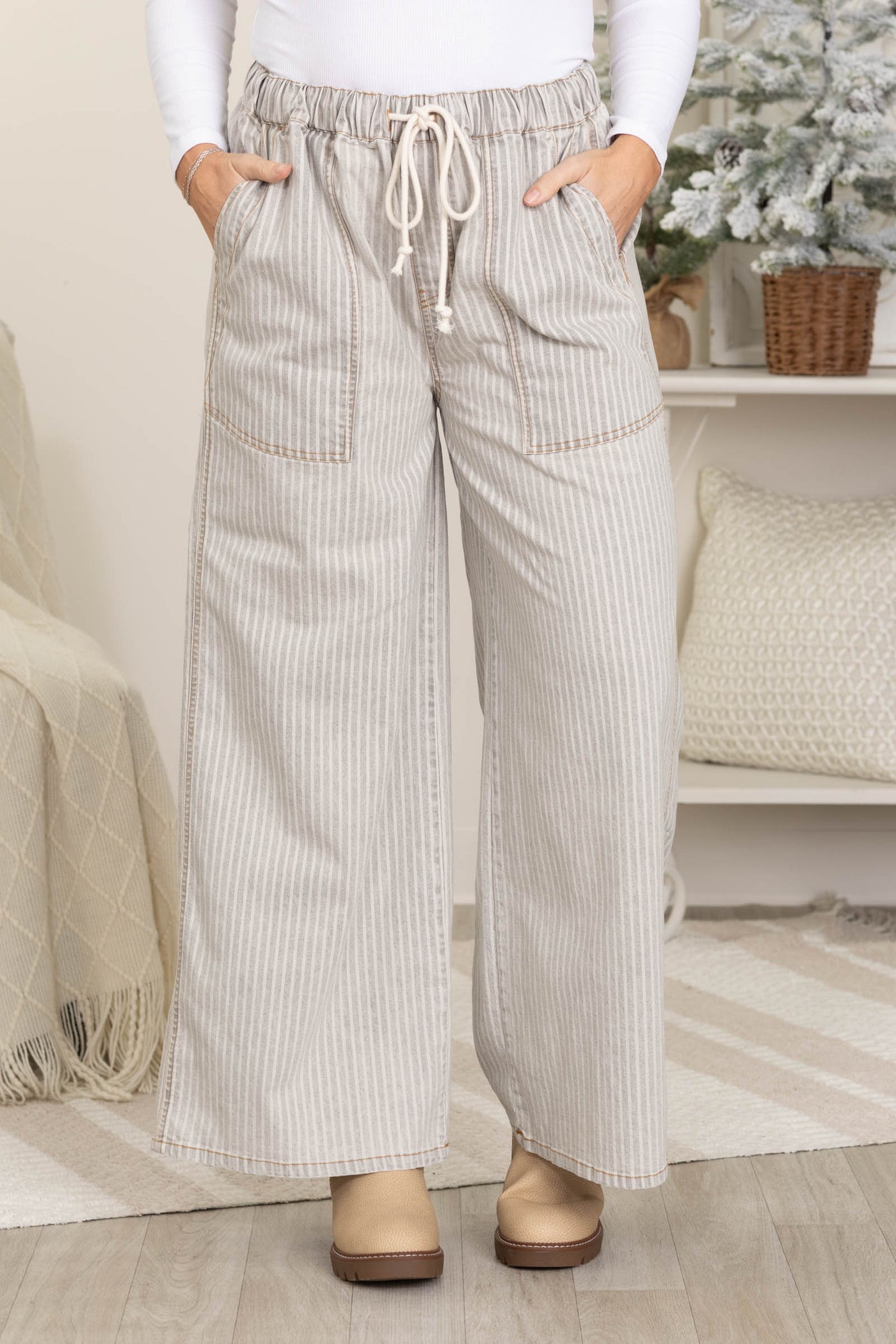 Grey And White Washed Striped Pants