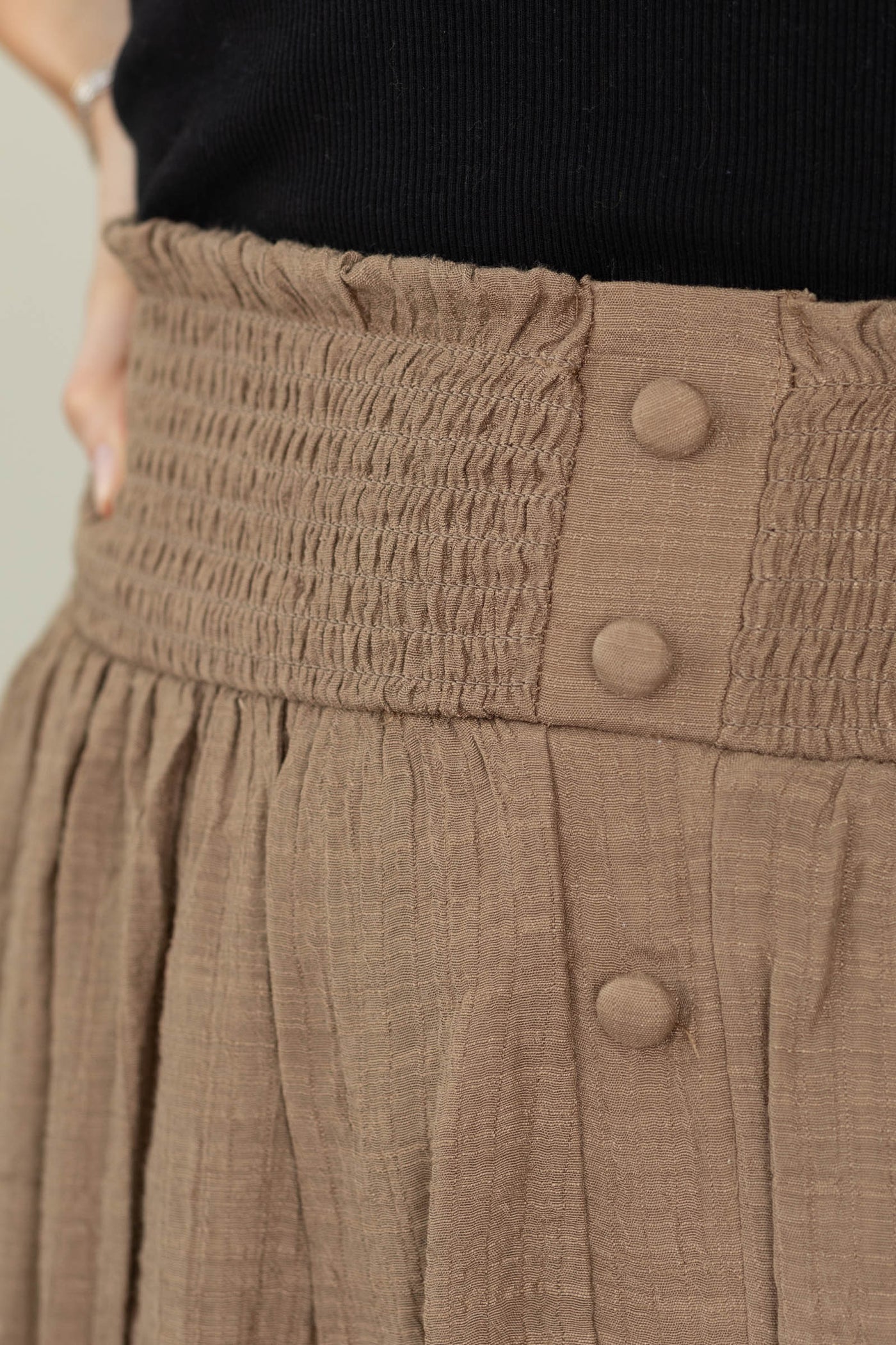 Mocha Smocked Waist Faux Button Midi Skirt