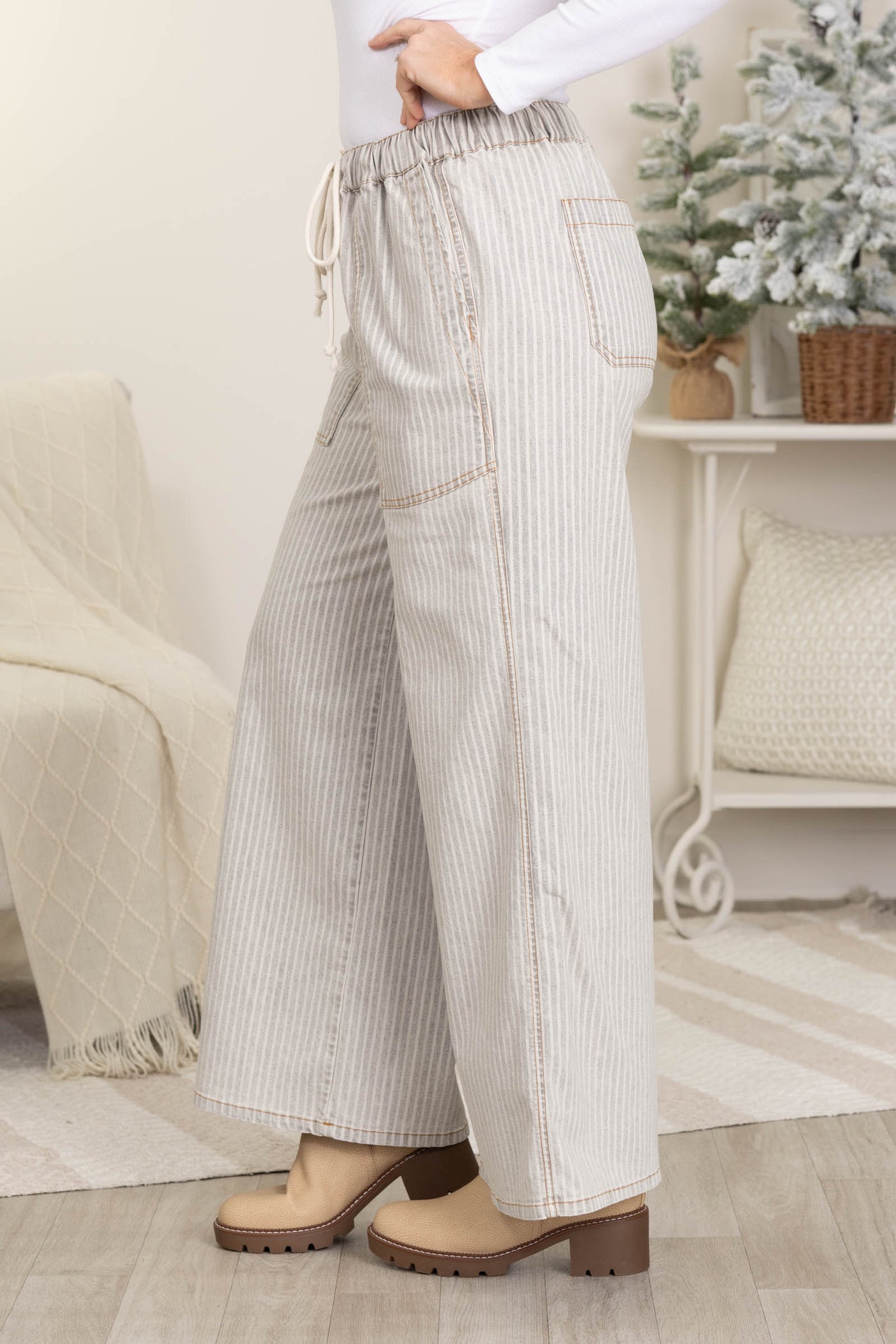 Grey And White Washed Striped Pants