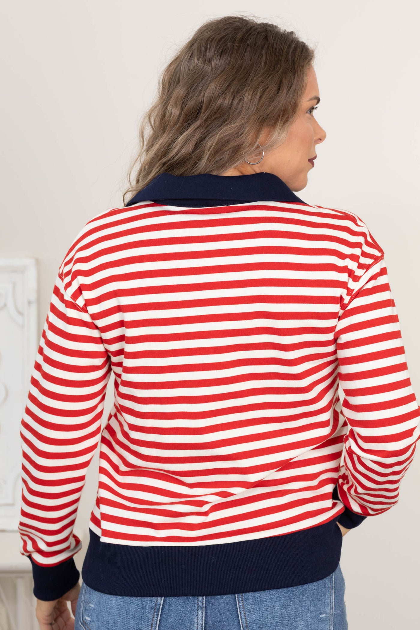 V-Neck Contrast Polo Collar Striped Sweatshirts