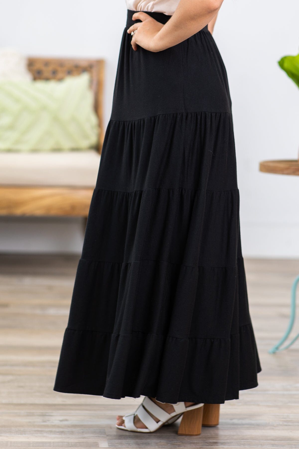 Black Tiered Pull On Maxi Skirt - Filly Flair