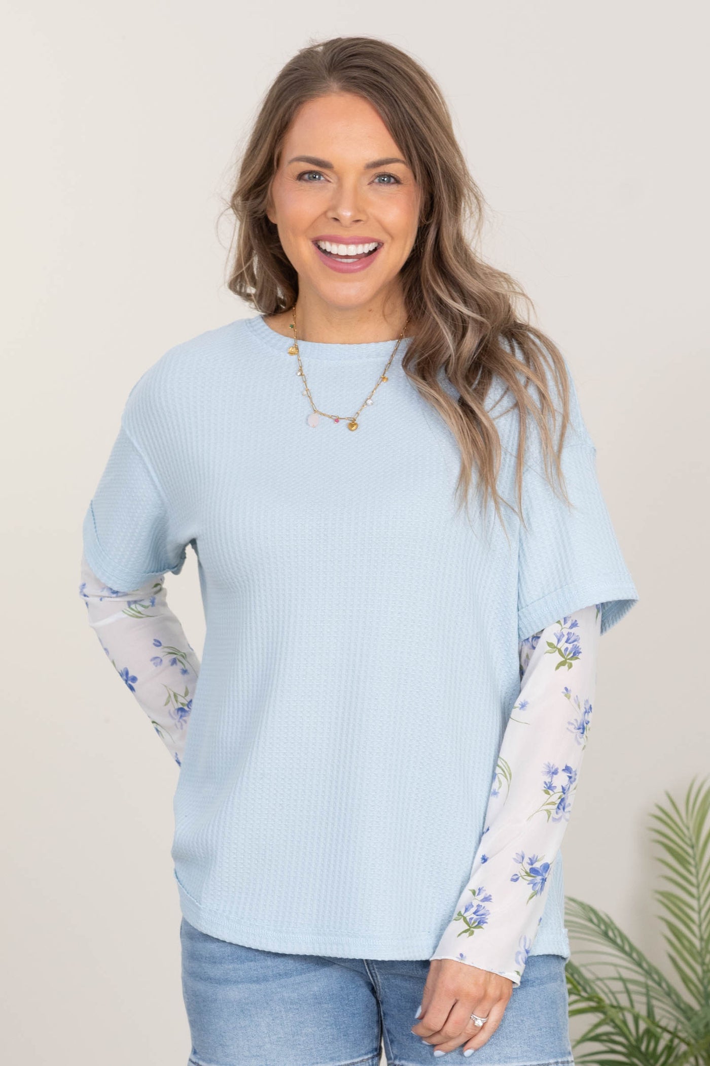 Baby Blue Waffle Knit Top With Floral Sleeves