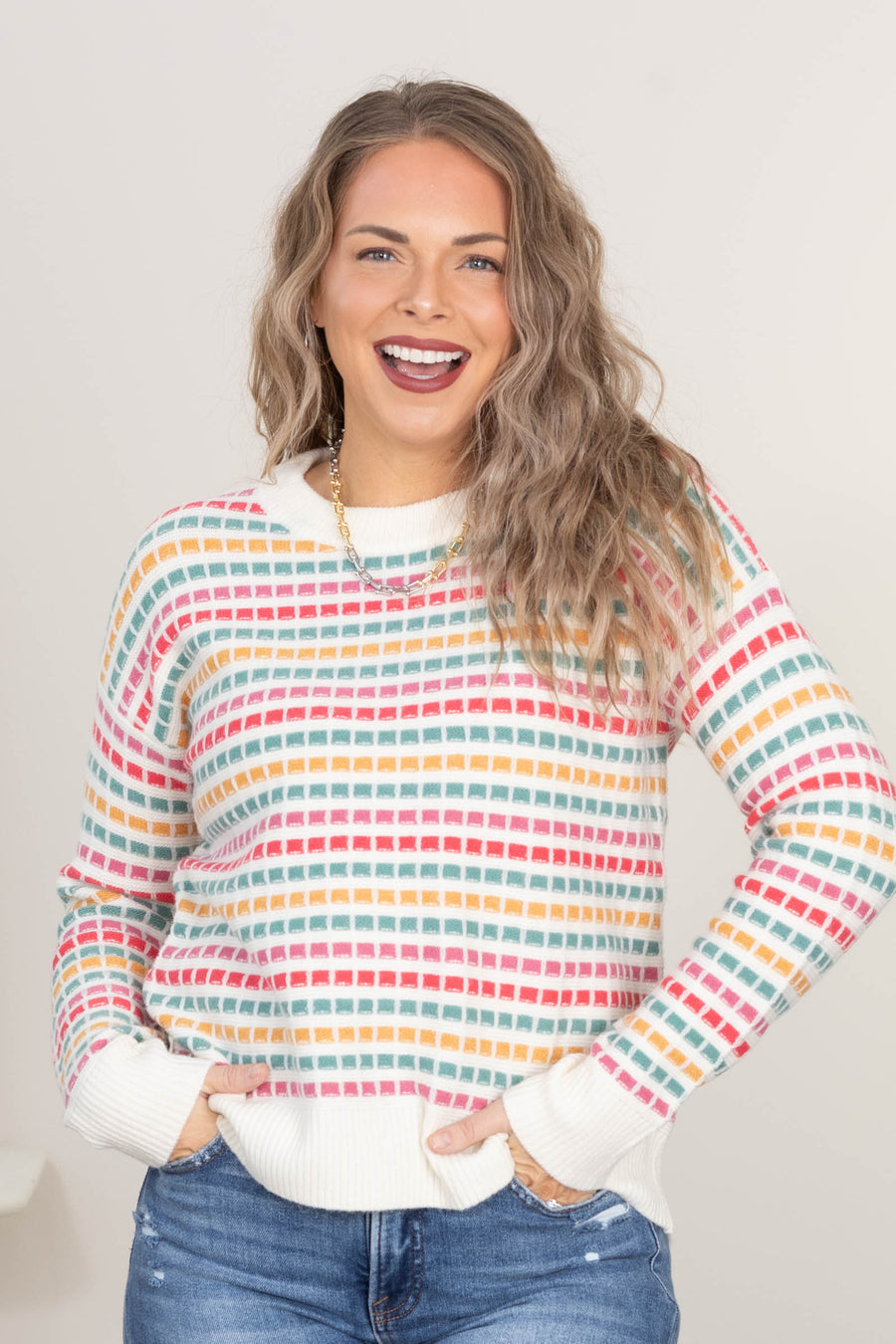 Pink And Coral Texture Stripe Sweater