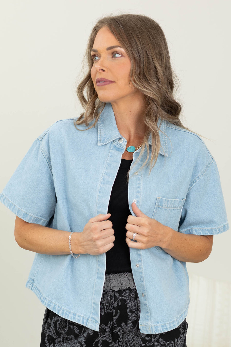 Risen Light Half Sleeve Cropped Denim Jacket- 100% Cotton