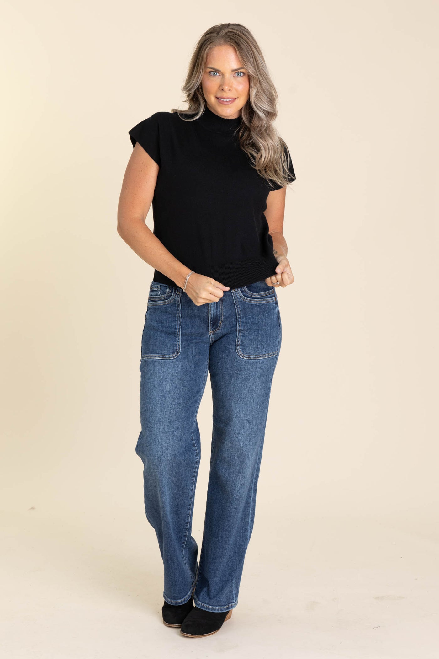 Mock Neck Cap Sleeves Knit Tops