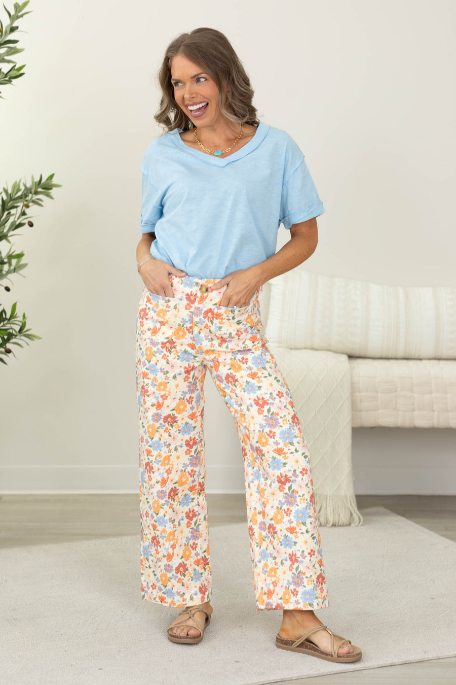 Multicolor Floral Print Straight Leg Pants