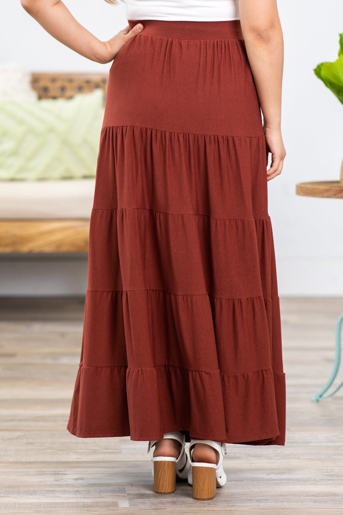 Rust Tiered Pull On Maxi Skirt - Filly Flair