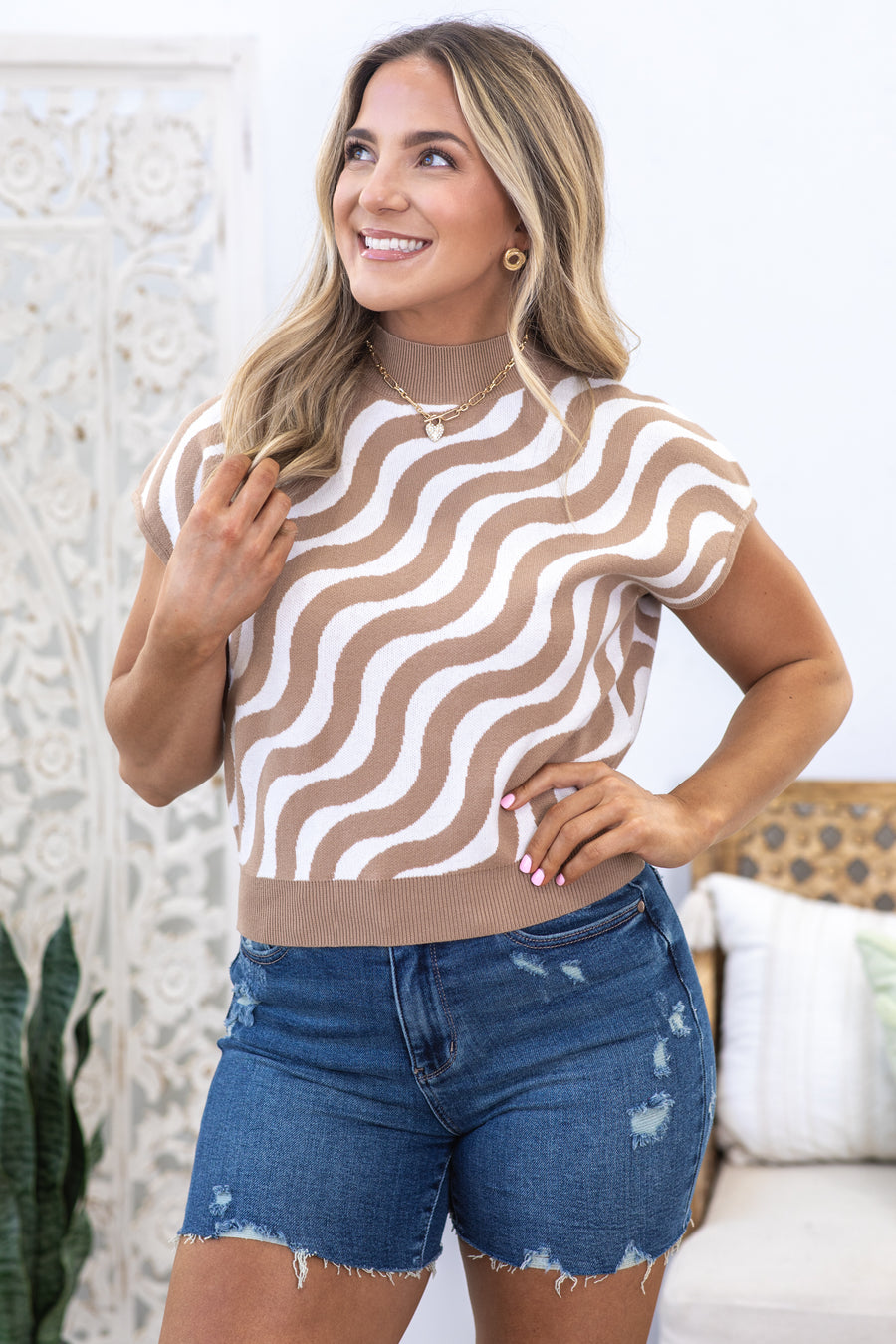 Taupe Swirl Print Short Sleeve Knit Top