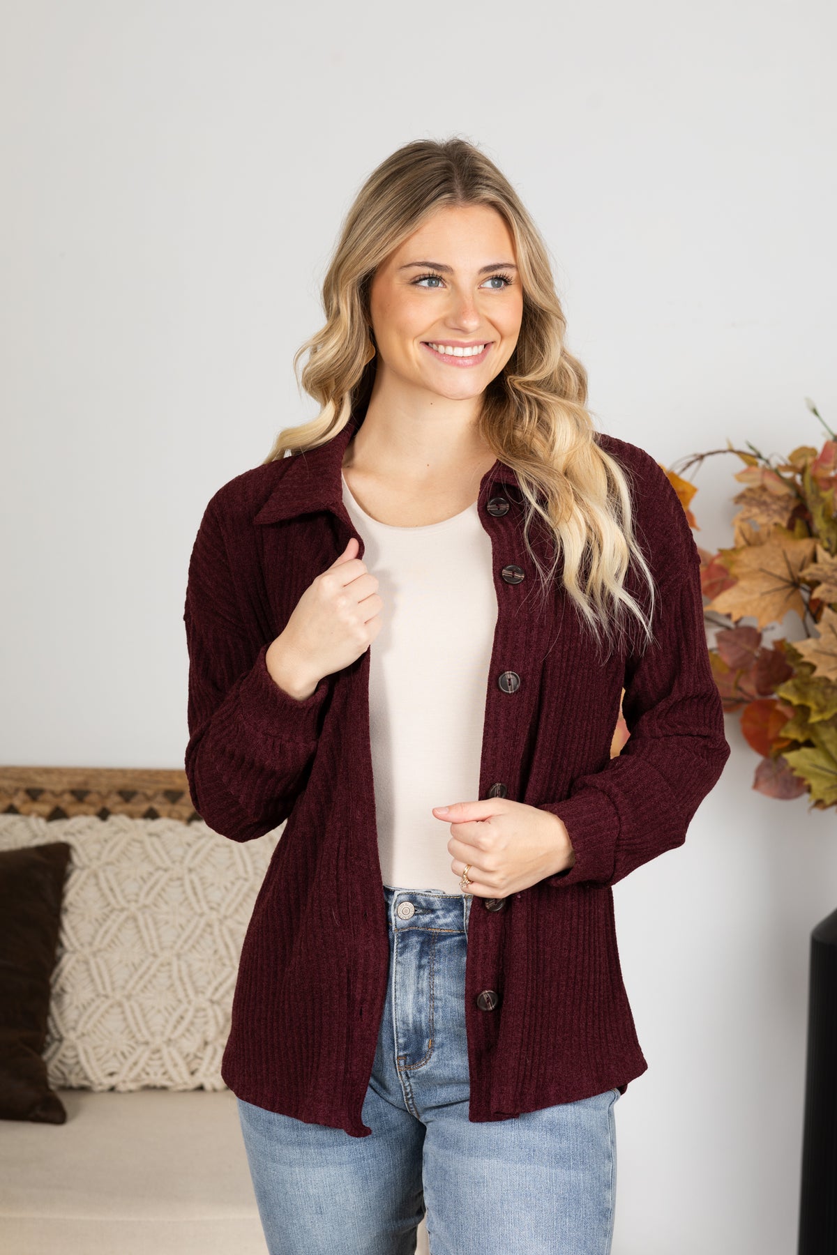 Solid Collar Ribbed Shacket With Buttons · Filly Flair