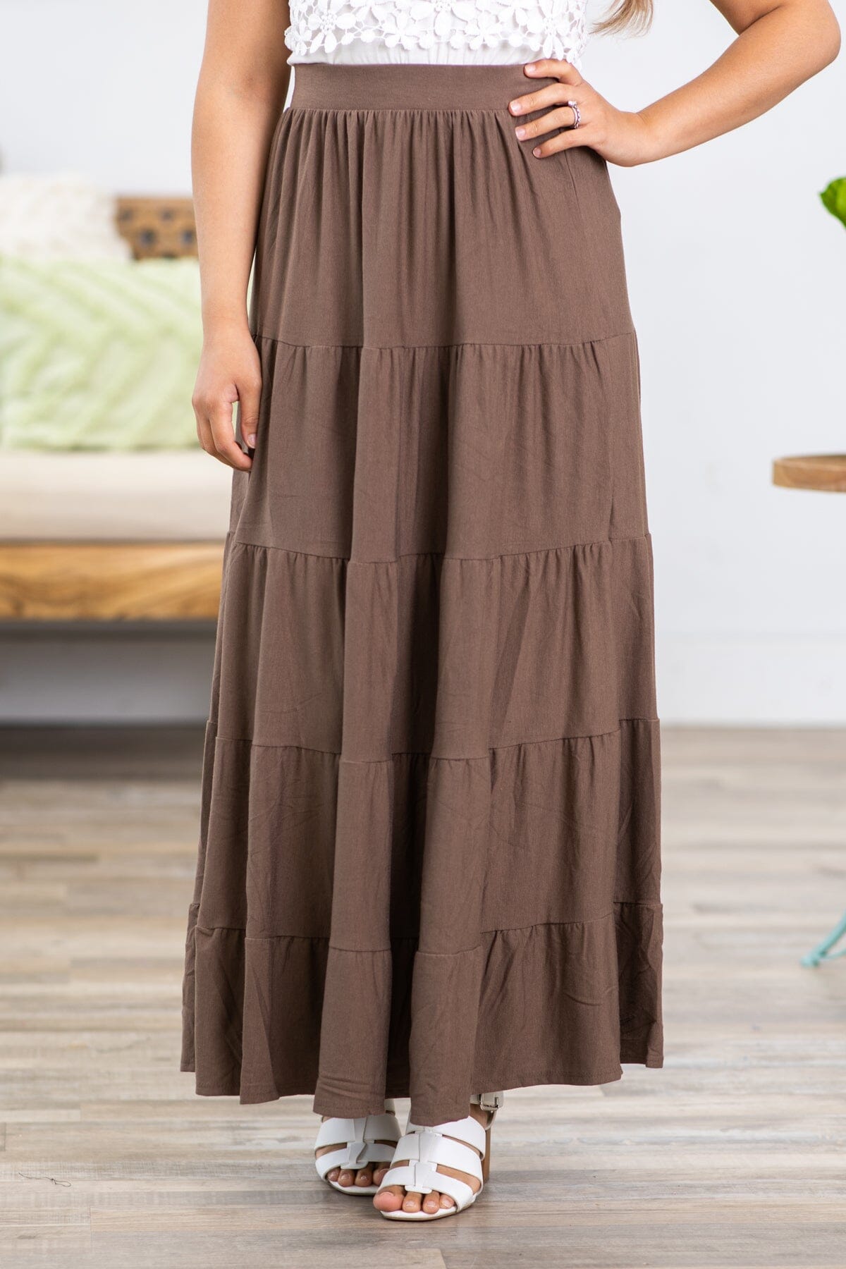 Mocha Tiered Pull On Maxi Skirt - Filly Flair