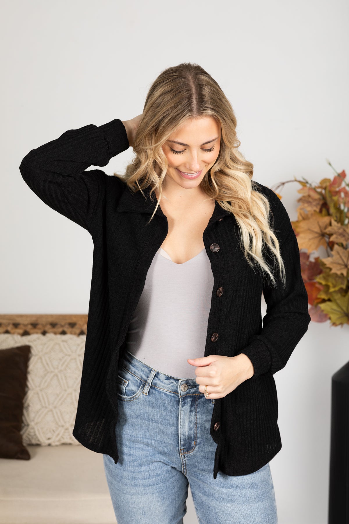 Solid Collar Ribbed Shacket With Buttons · Filly Flair