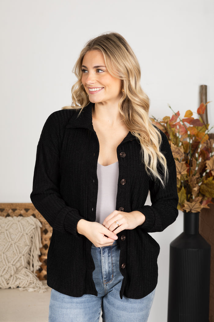Solid Collar Ribbed Shacket With Buttons · Filly Flair
