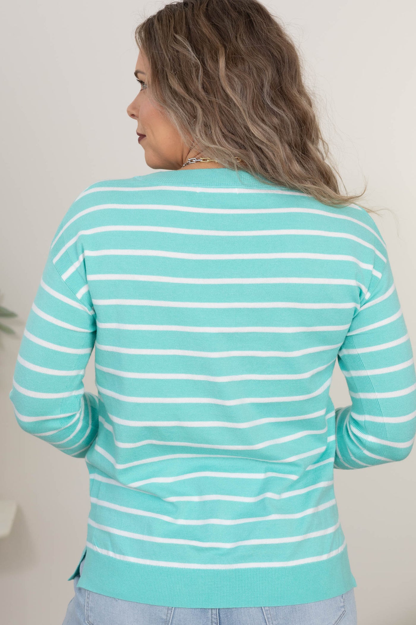 Mint Crewneck Striped Pullover Knit Sweater