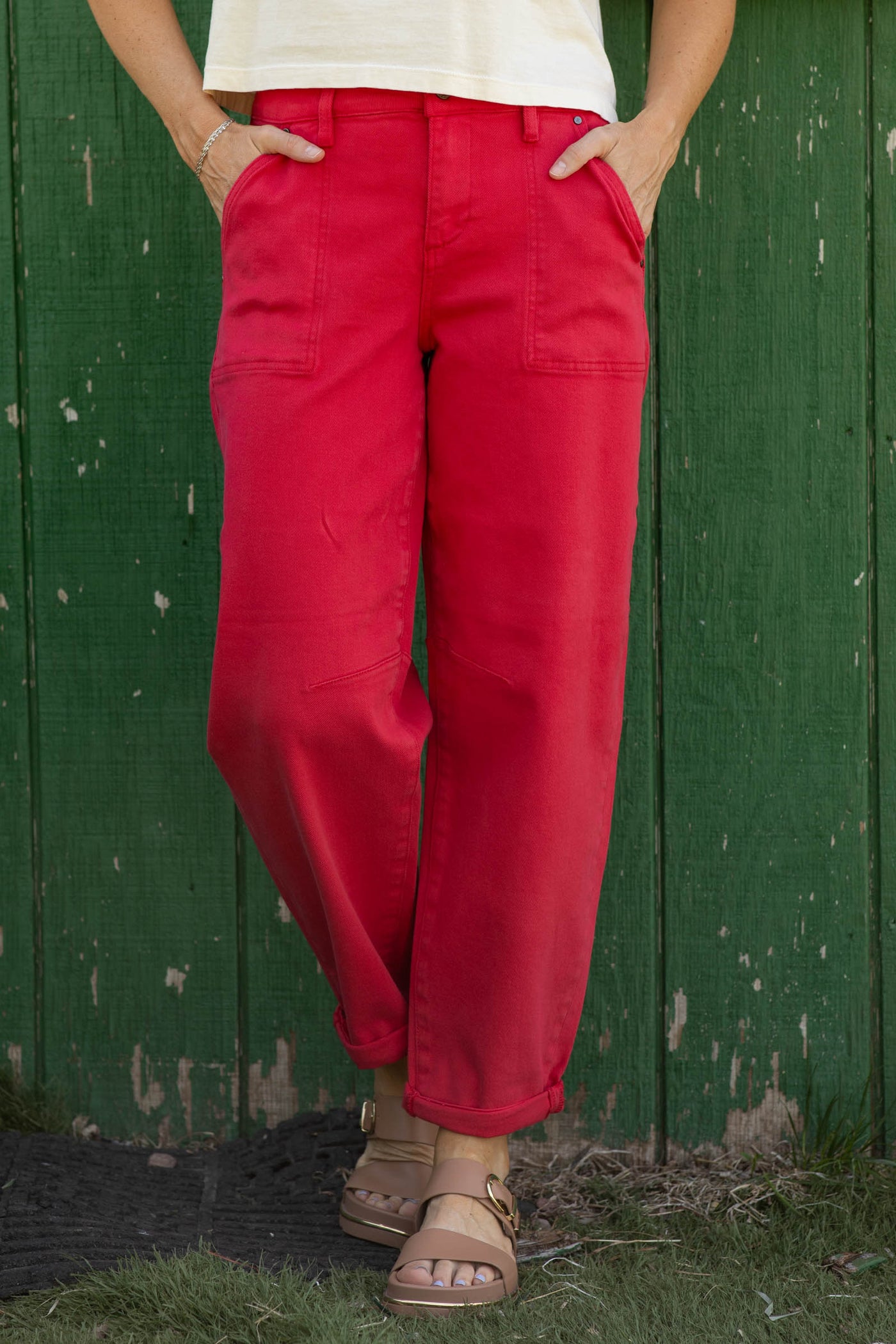 Risen Red High Rise Ankle Cuffed Barrel Pants