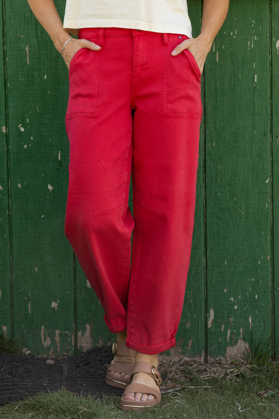 Risen Red High Rise Ankle Cuffed Barrel Pants