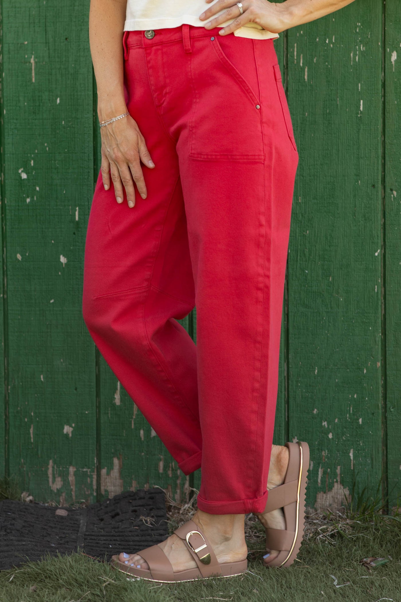 Risen Red High Rise Ankle Cuffed Barrel Pants