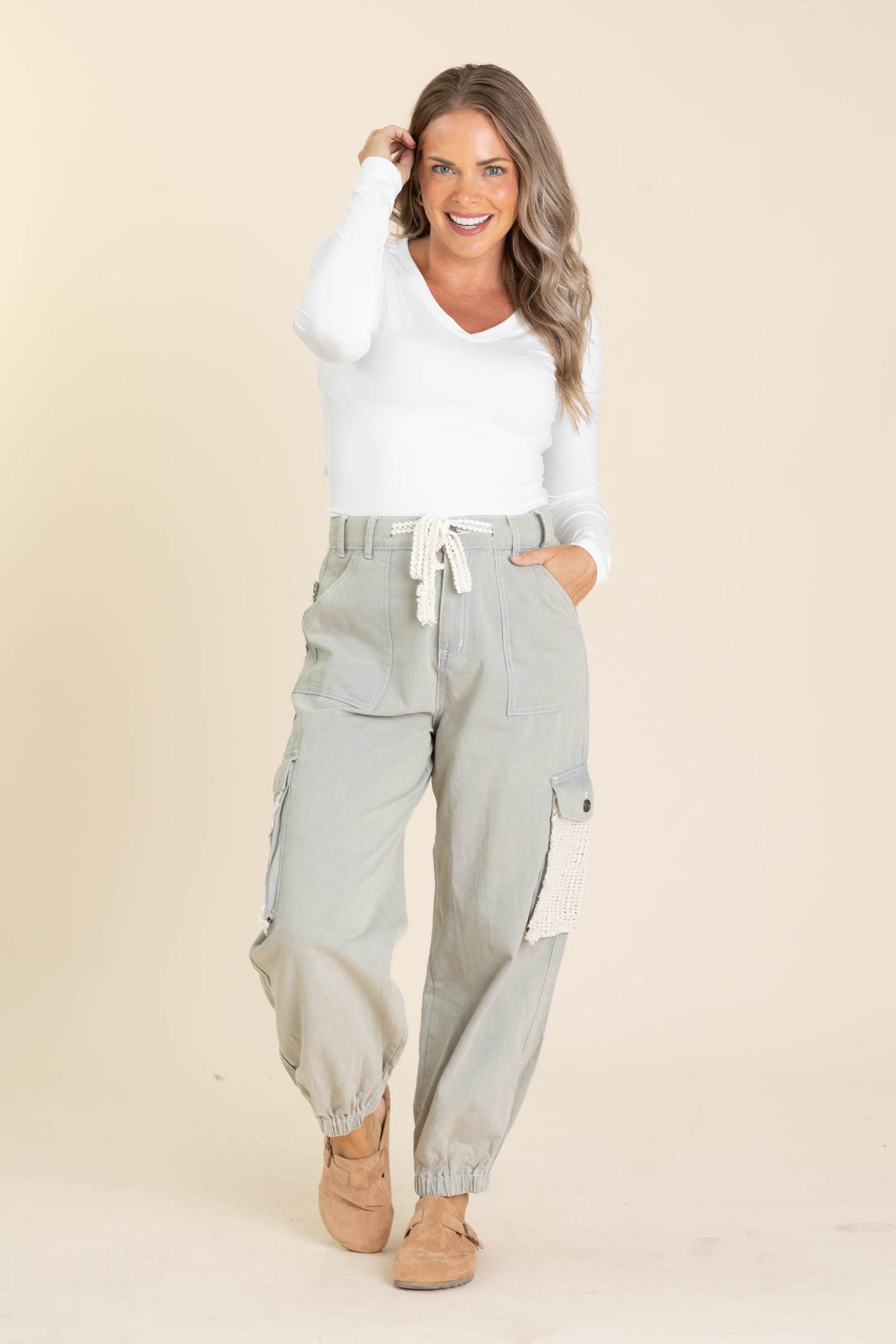 Drawstring Crochet Pants With Cargo Pockets