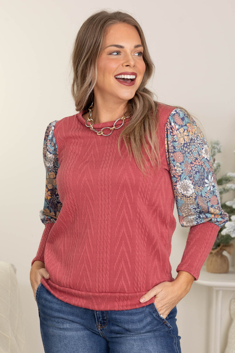 Textured Knit Tops With Floral Contrast Sleeves