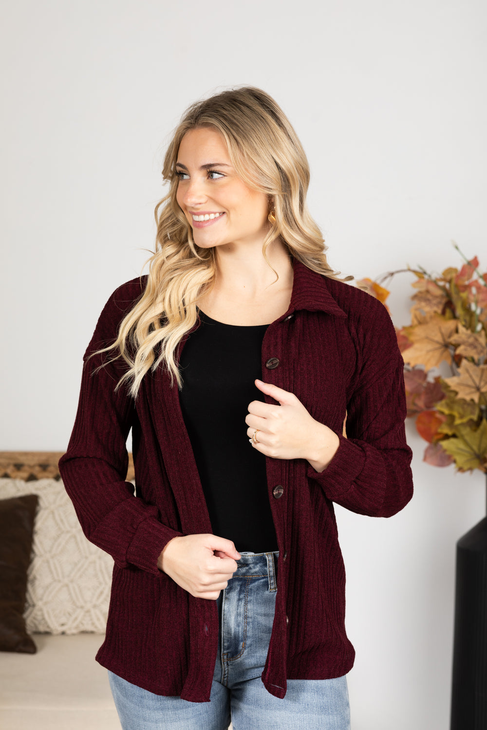 Solid Collar Ribbed Shacket With Buttons · Filly Flair