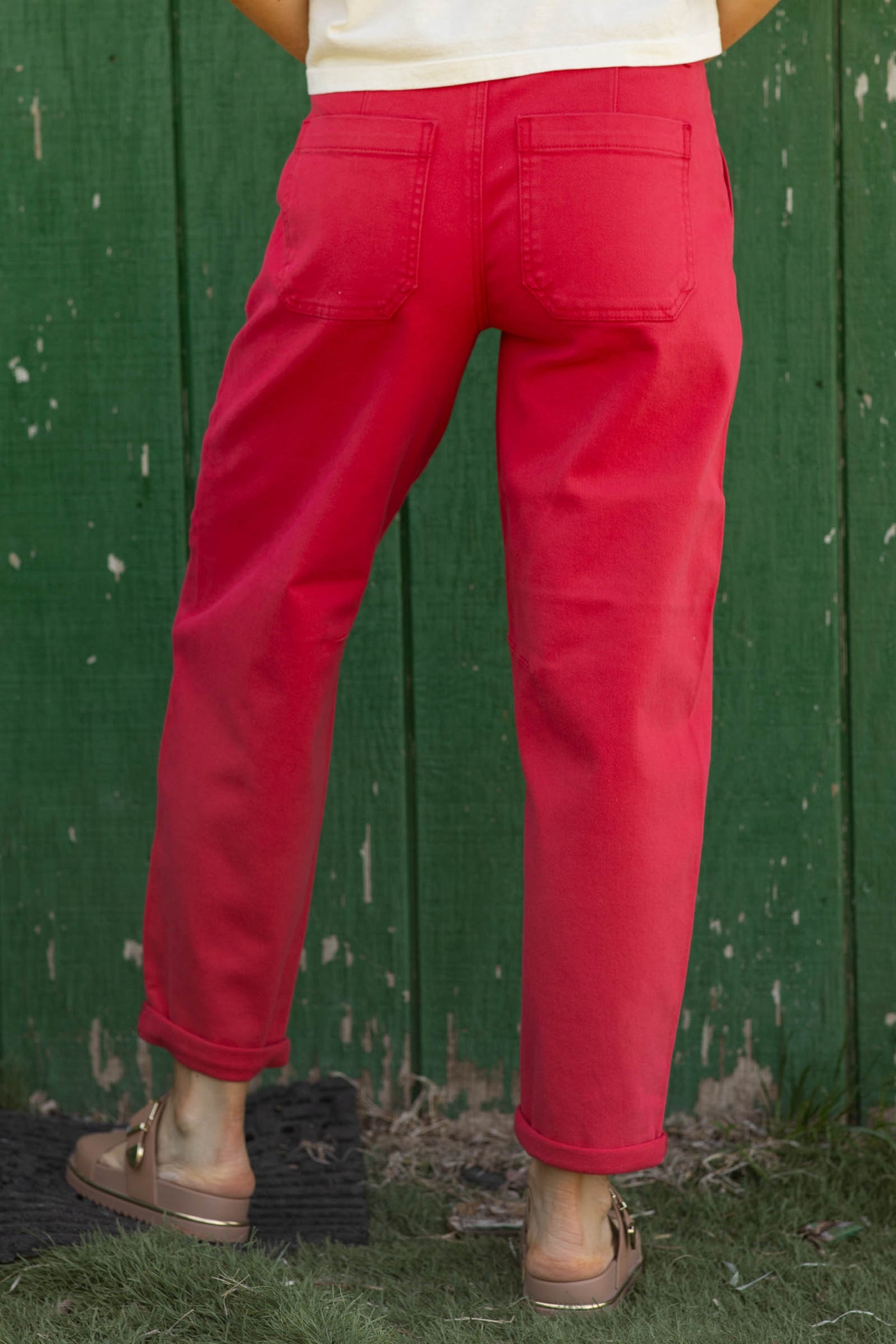 Risen Red High Rise Ankle Cuffed Barrel Pants