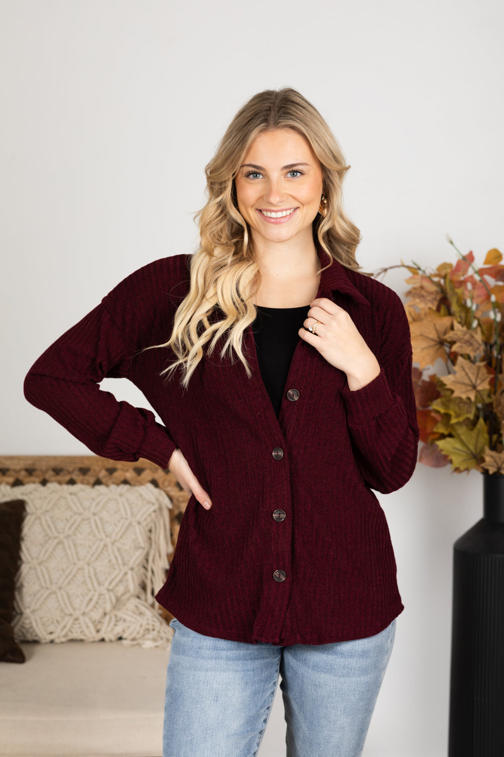 Solid Collar Ribbed Shacket With Buttons · Filly Flair