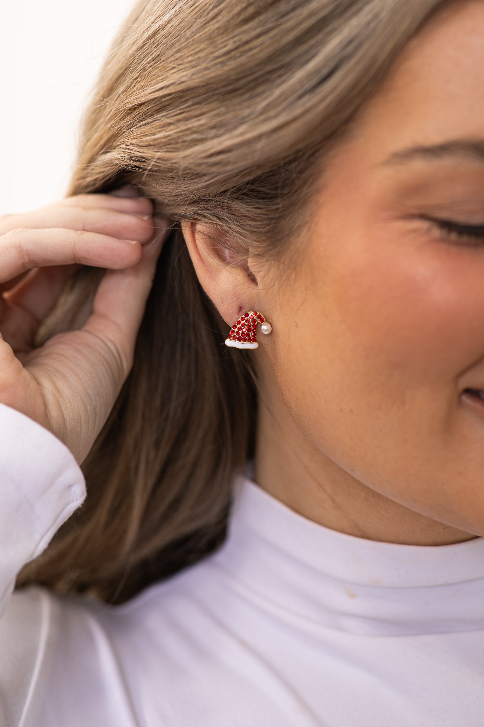 Red Rhinestone Santa Hat Stud Earrings