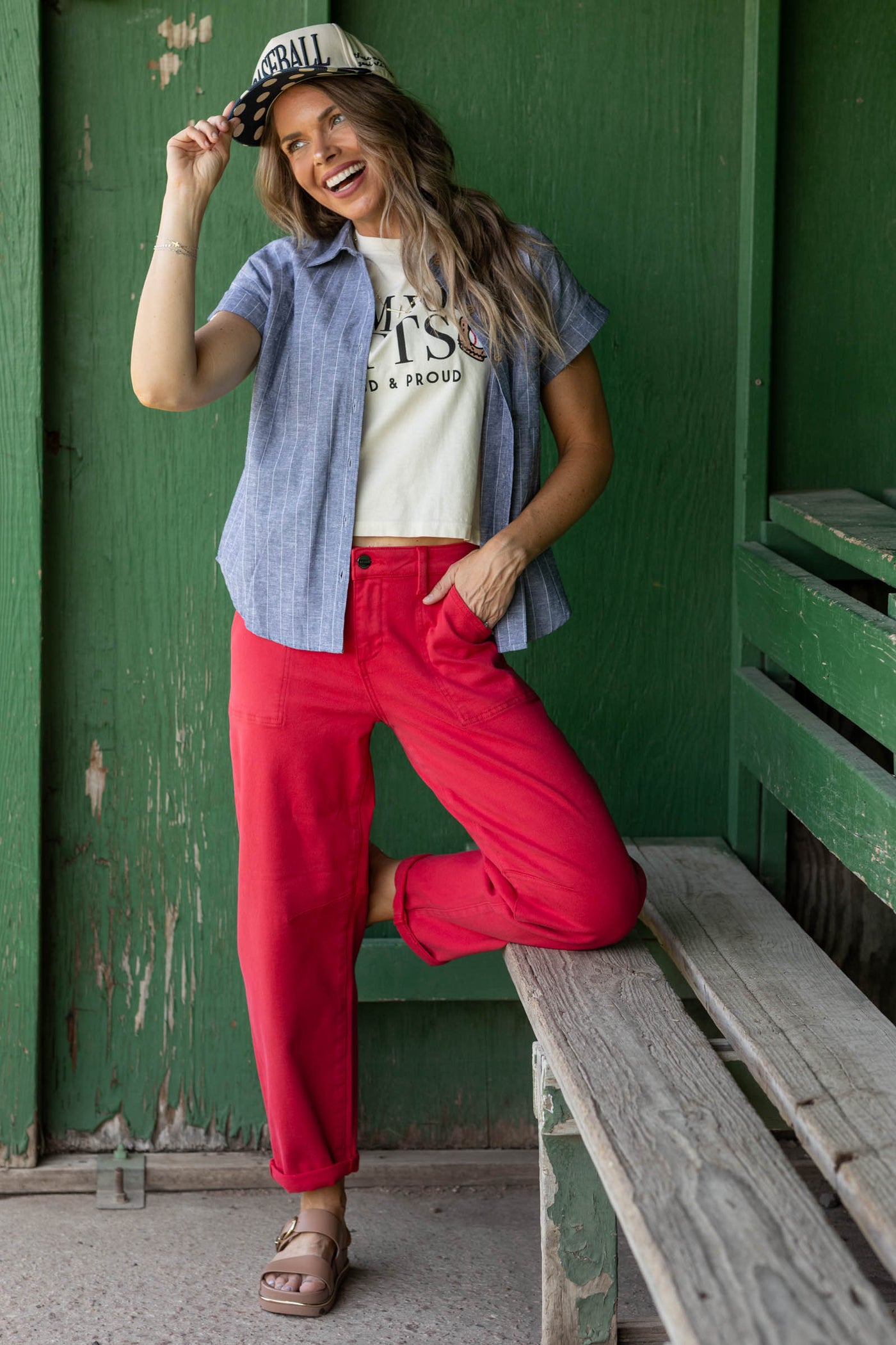 Risen Red High Rise Ankle Cuffed Barrel Pants