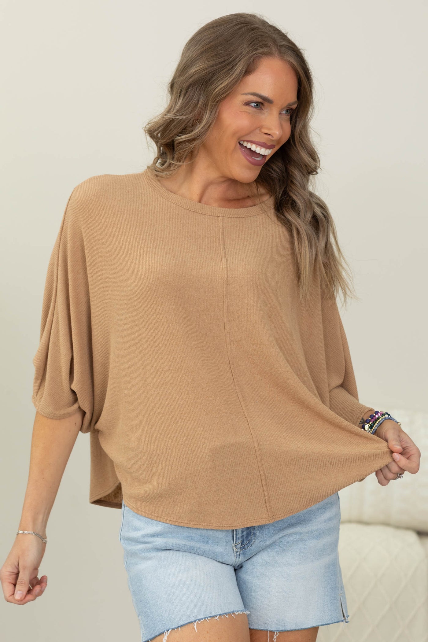 Tan Cozy Rib Batwing Knit Pullover Top