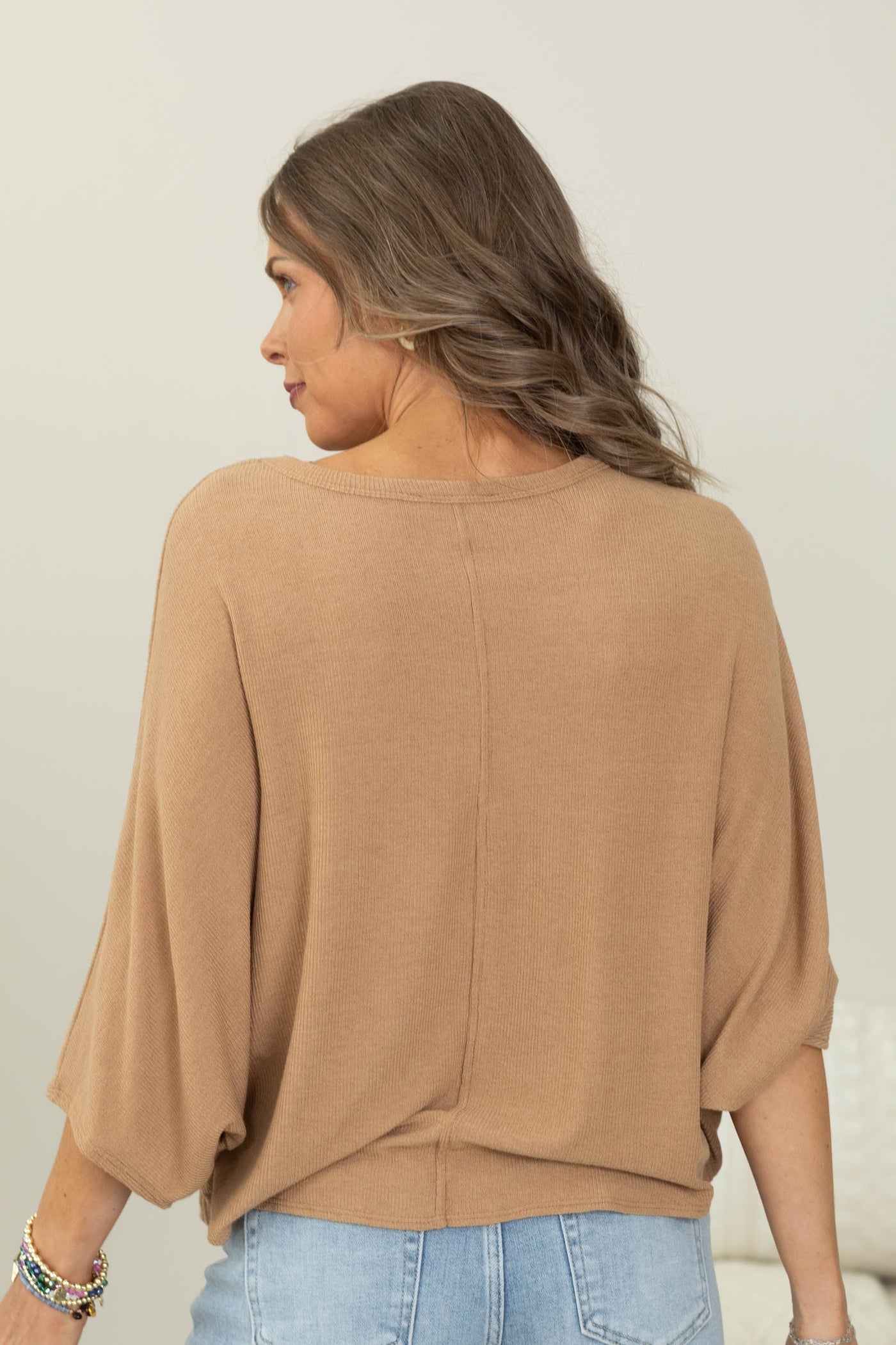 Tan Cozy Rib Batwing Knit Pullover Top