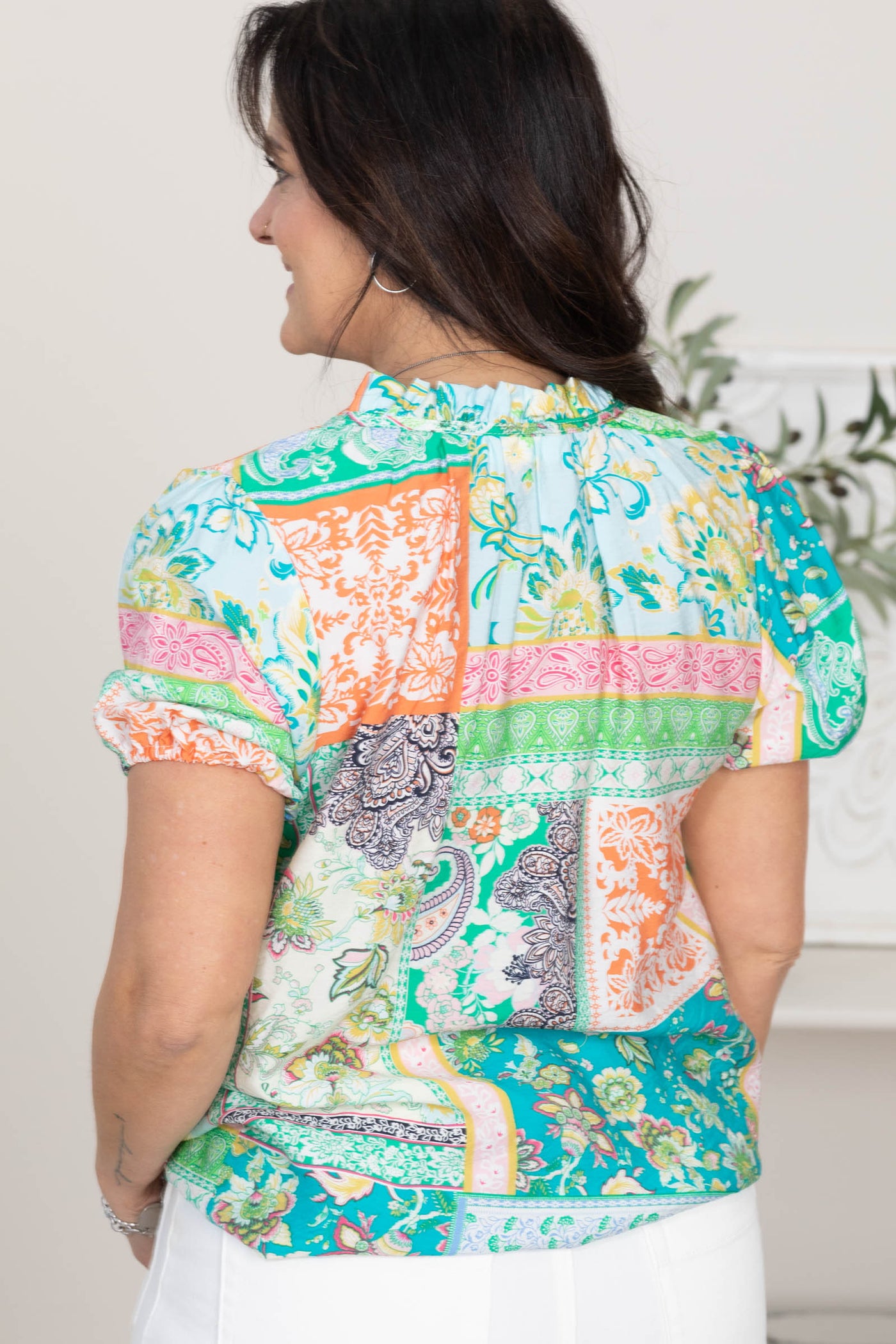 Green Patchwork Print With Tie Woven Top