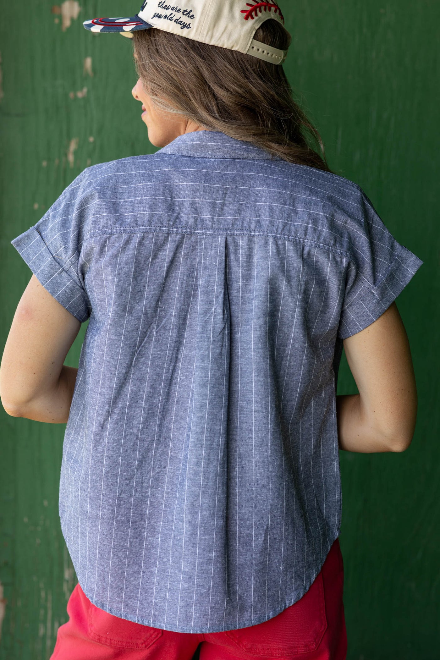 Dusty Navy Stripe Linen Button Up Top