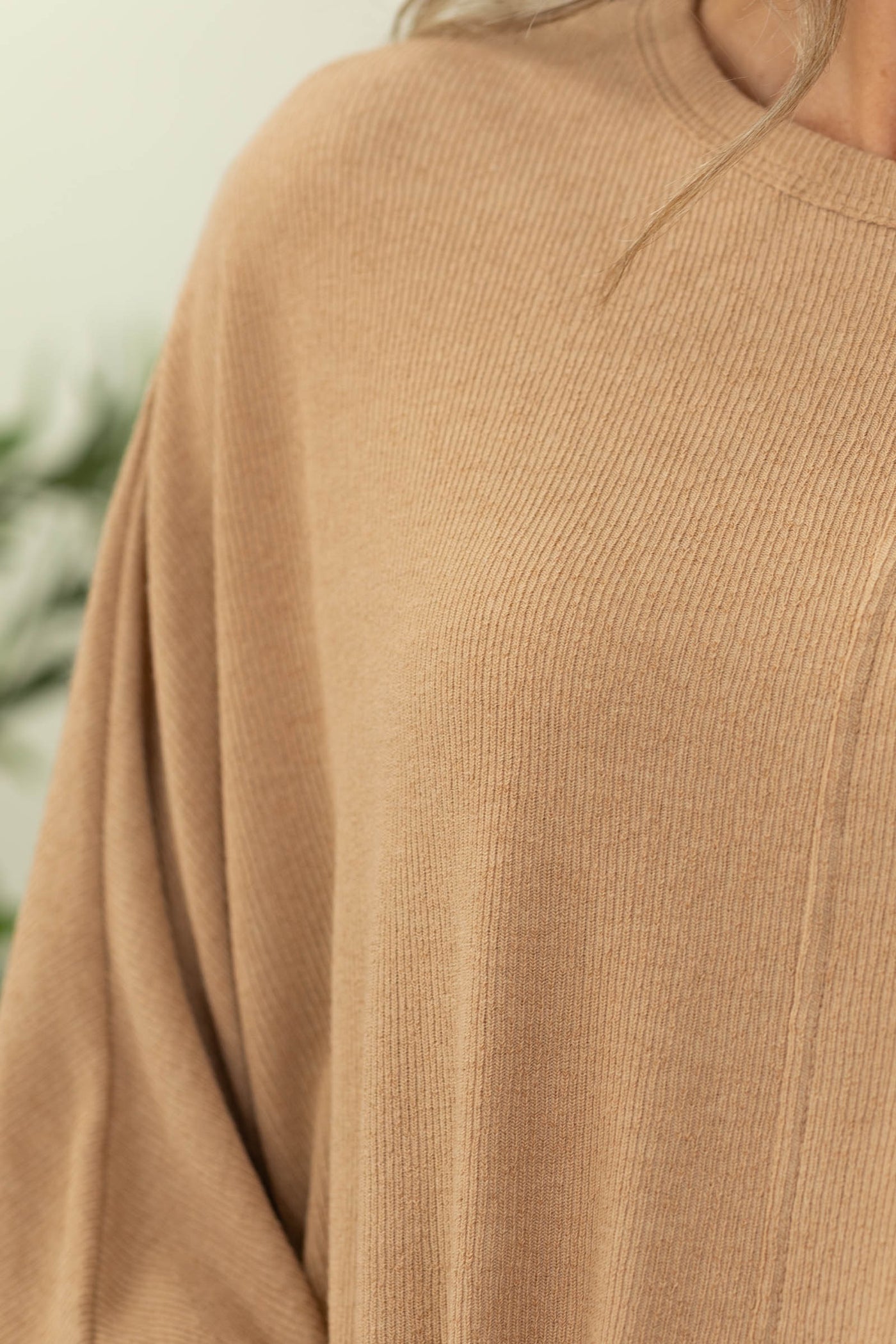 Tan Cozy Rib Batwing Knit Pullover Top