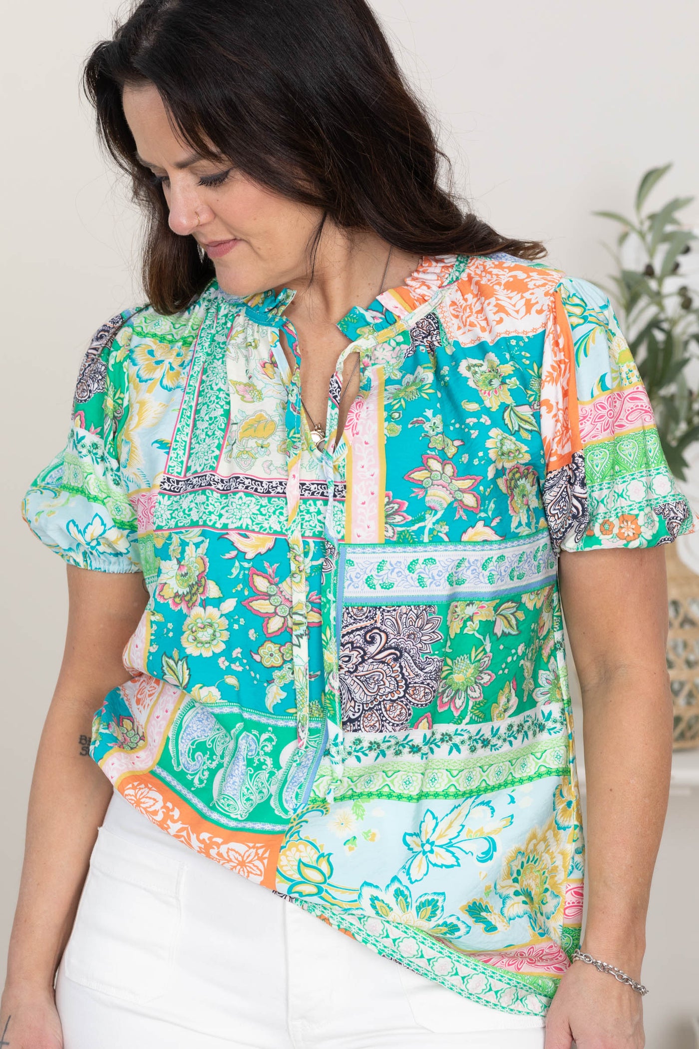 Green Patchwork Print With Tie Woven Top