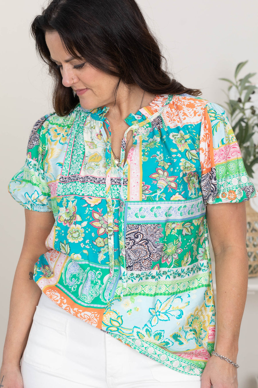 Green Patchwork Print With Tie Woven Top