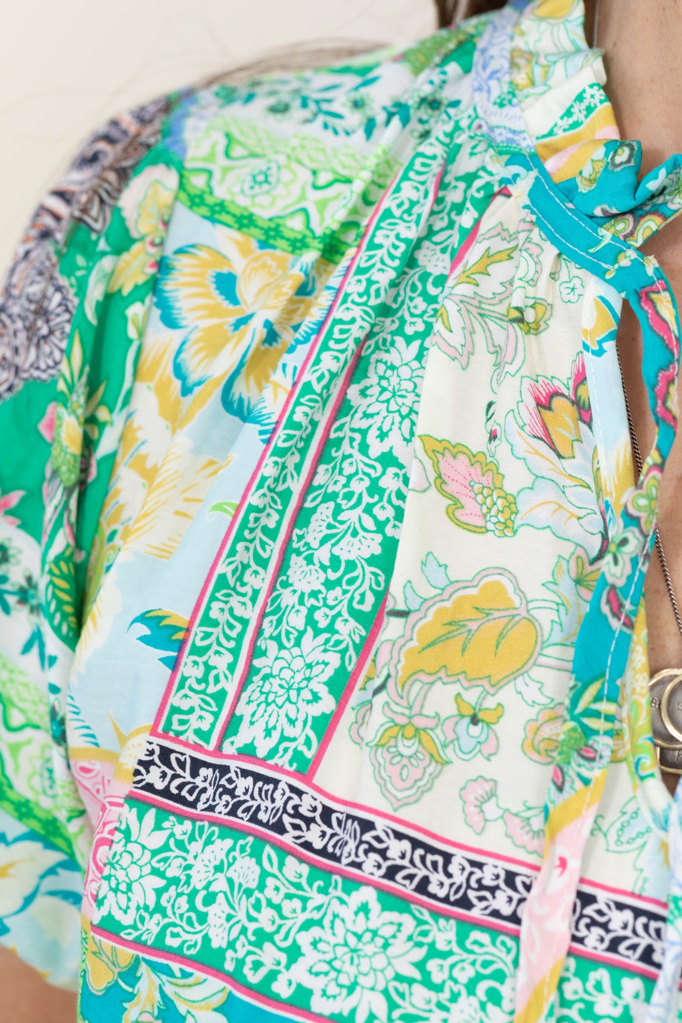 Green Patchwork Print With Tie Woven Top