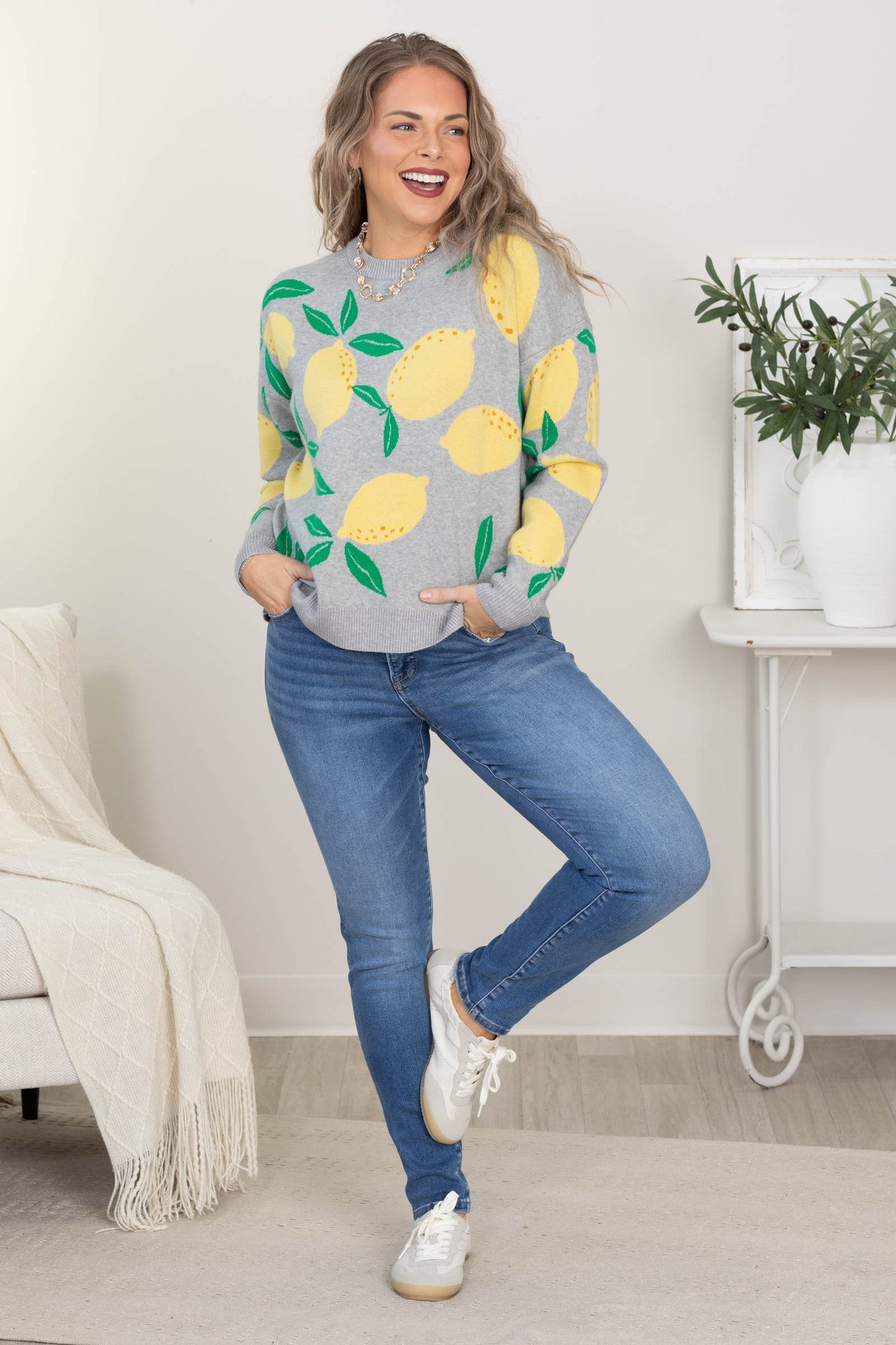 Heather Grey And Lemons Pattern Sweater