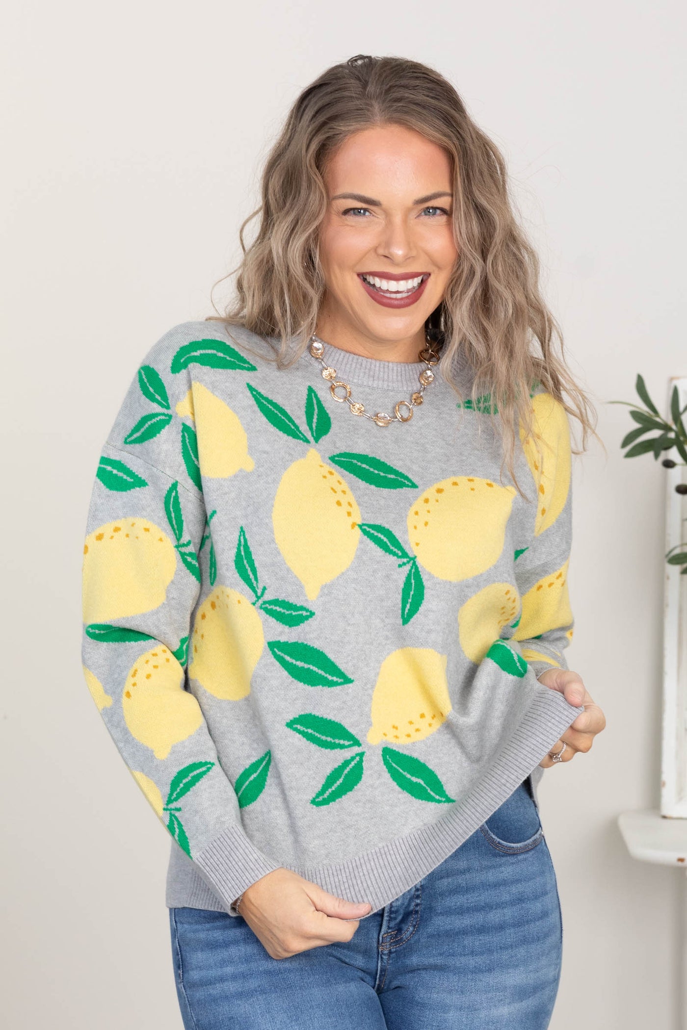 Heather Grey And Lemons Pattern Sweater