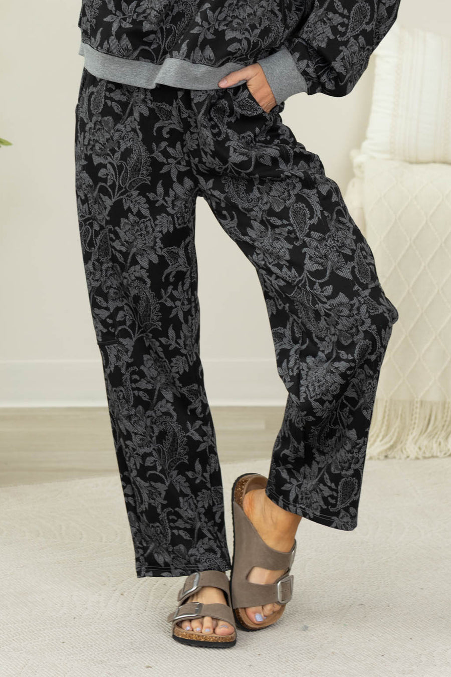 Black and Grey Vintage Floral Print Soft Pants