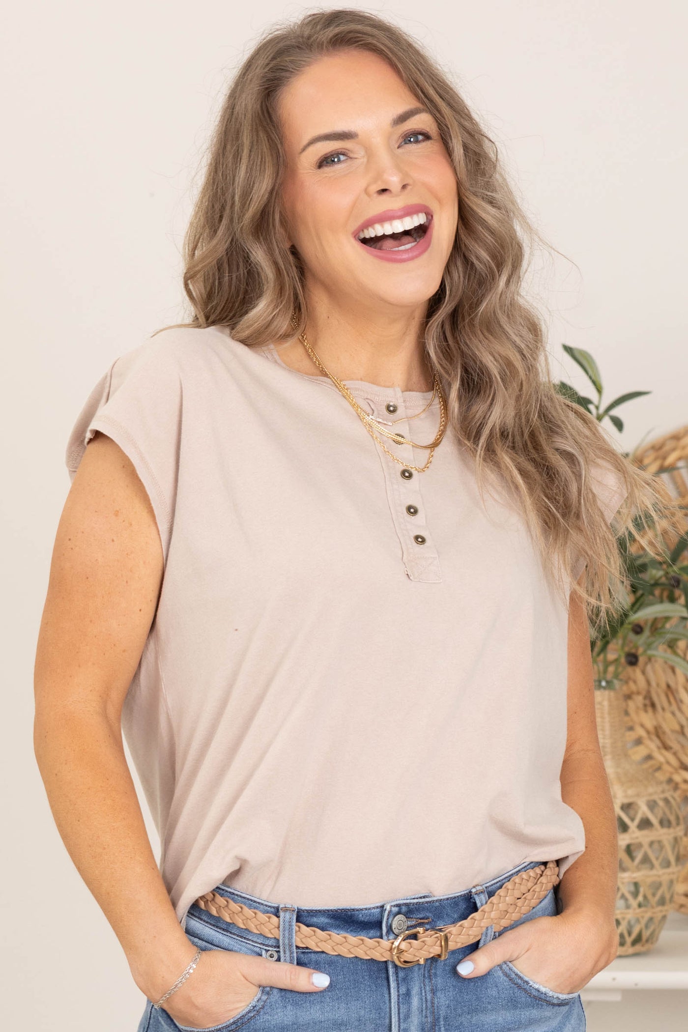 Henley Neck Cap Sleeve Knit Tops