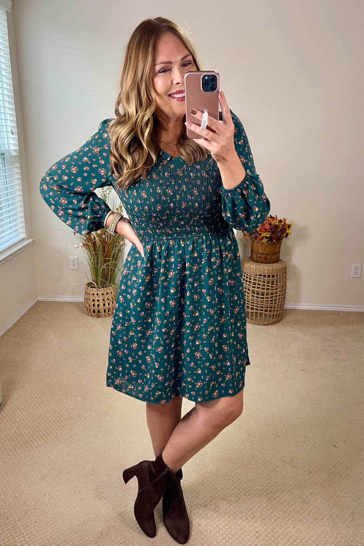 Staccato Floral Smocked Bodice V-Neck Dress