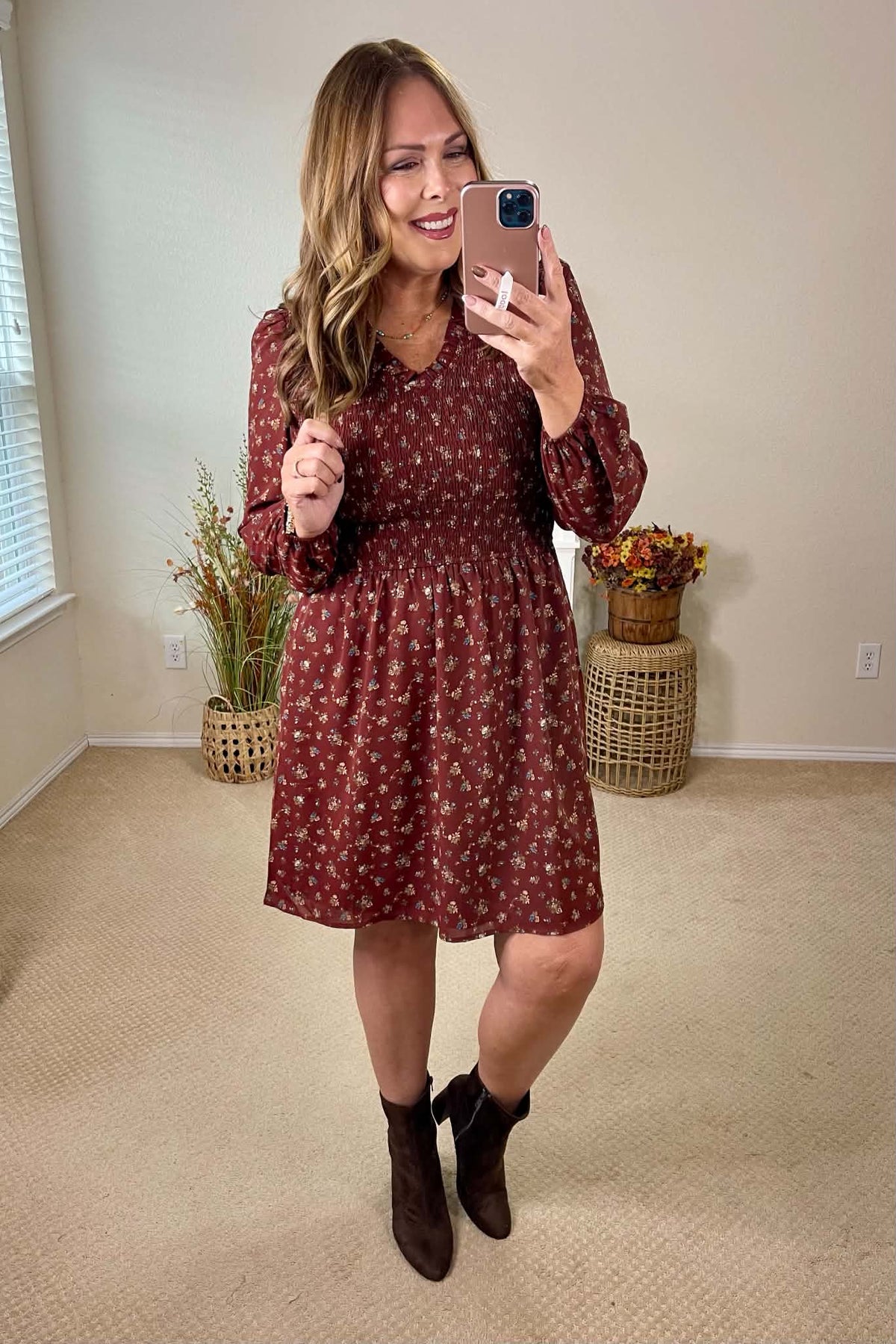 Staccato Floral Smocked Bodice V-Neck Dress