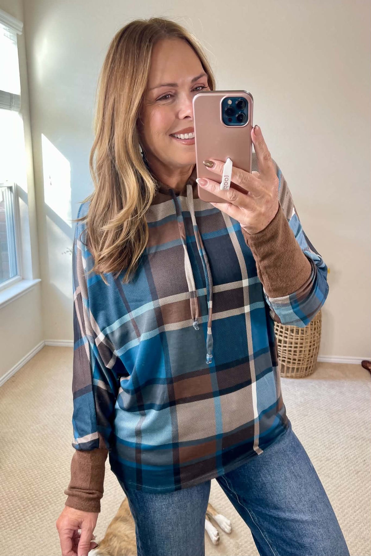 Plaid Dolman Knit Hoodie Top With Thumbholes