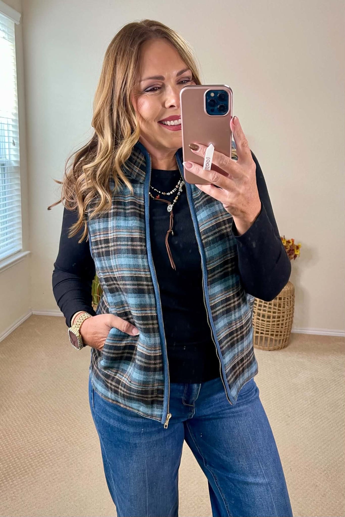 Staccato Contrast Binding Zip Up Plaid Vest